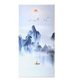 Fisherman in Calm Waters Surrounded by Mountain Peaks, A Flock Of Birds and the Rising Sun