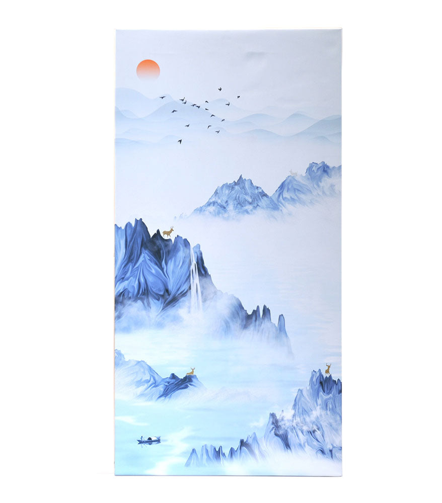 Fisherman in Calm Waters with Mountain Peaks, A Flock of Birds, 3 Sheep andthe Rising Sun