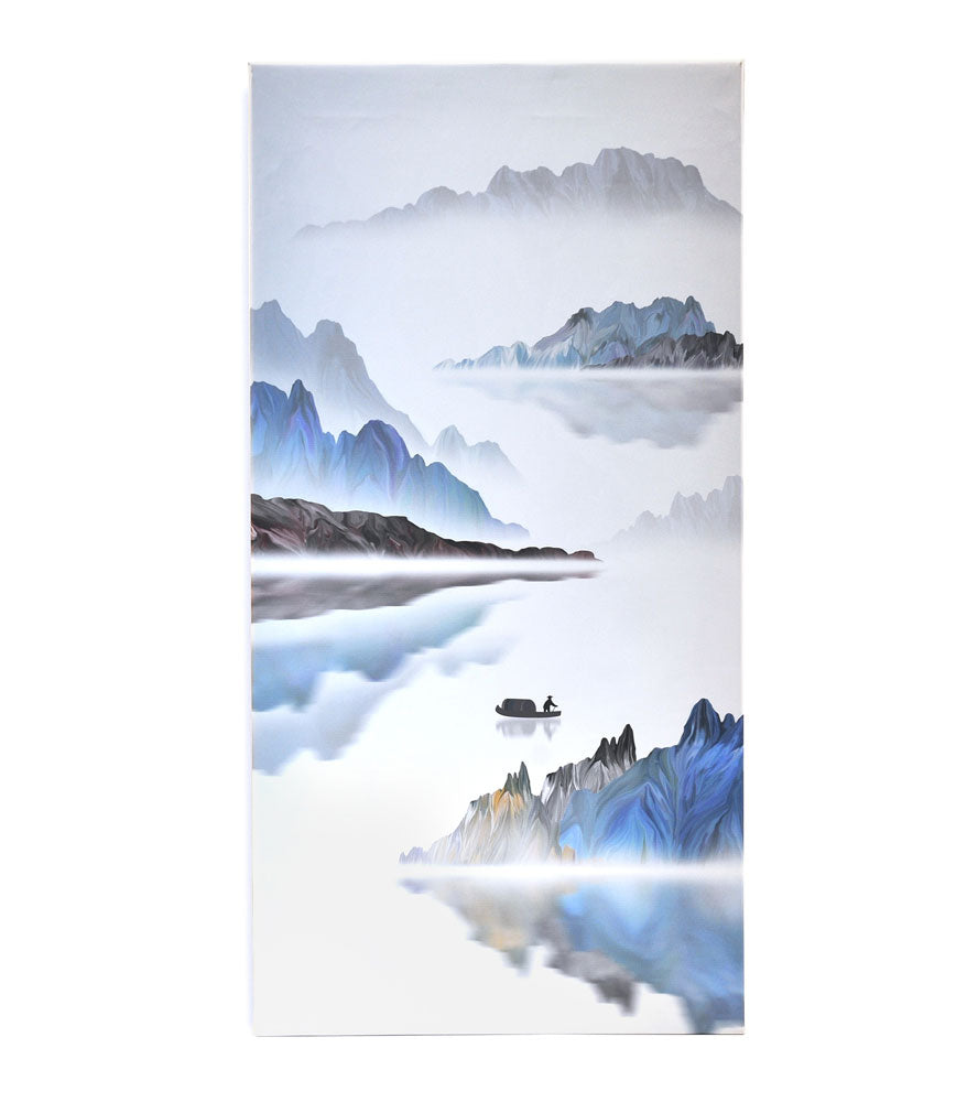 Fisherman on a Soothing Stream surrounded by Majestic Misty Mountain Peaks