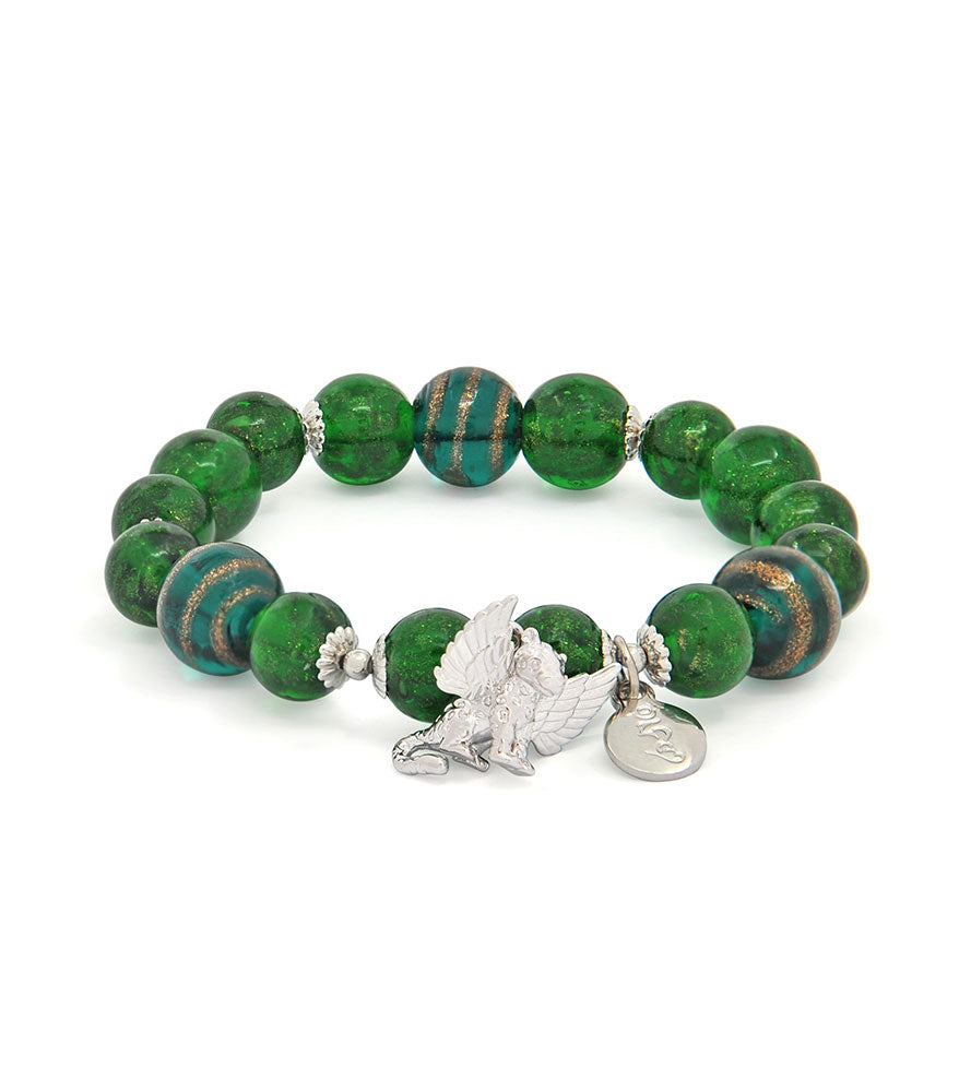 Sky Leopard Charm Bracelet with Emerald Green Gold Sand Lampwork Glass Beads