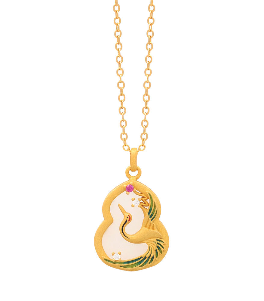Jade Wu Lou with Crane Pendant with Chain