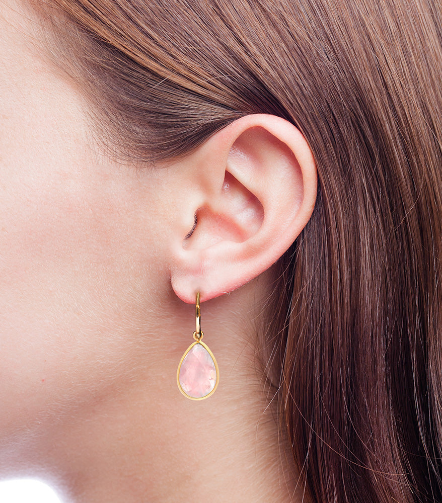 Rose Quartz Drop Earrings with “Hum” Seed Syllable