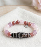 2 Eye Dzi Bracelet with Silver Inlay, Strawberry Quartz, Chalcedony and Rose Quartz