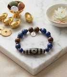 3-Eyed Dzi Wealth Bracelet with Silver Inlay, Lapis Lazuli & Agarwood