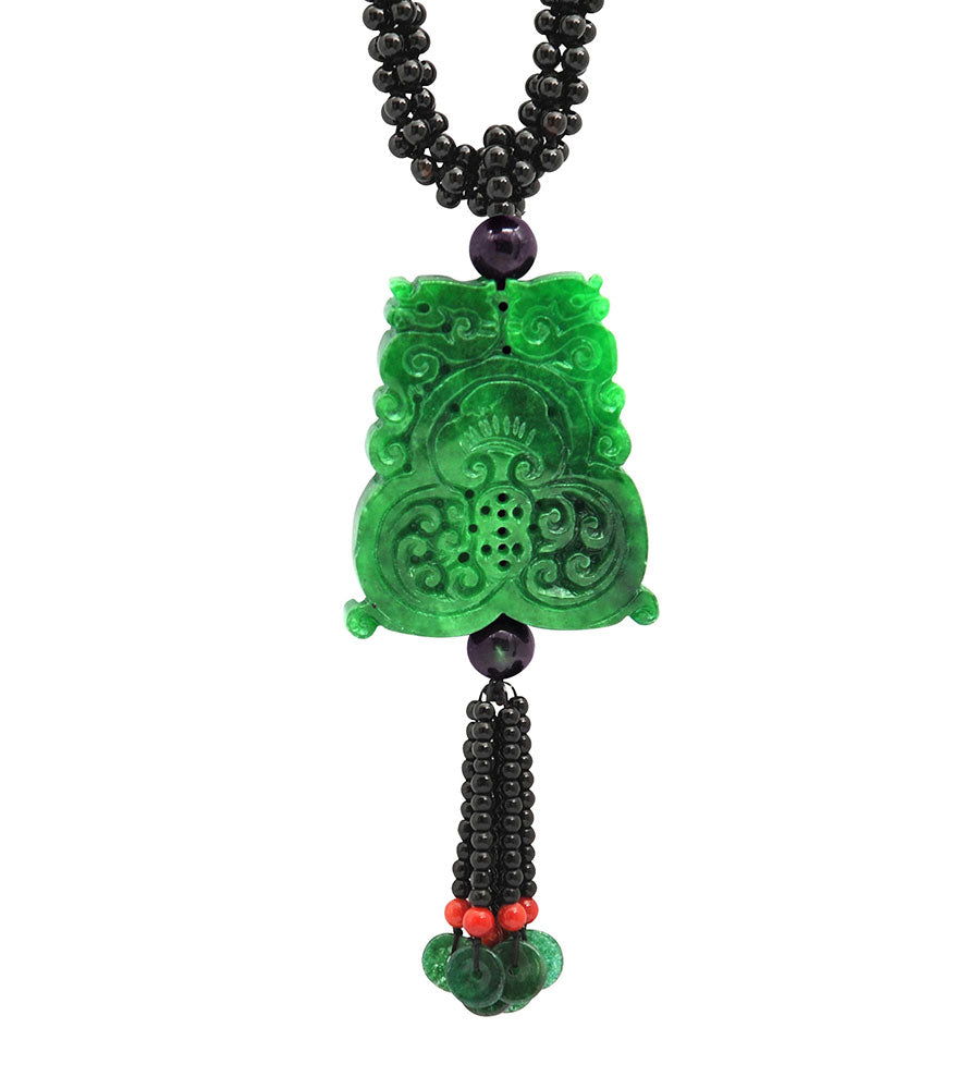 Jade Pendant with "Fuk", Pi Yao, Peach Tree & Coin Auspicious Symbol (JS01)
