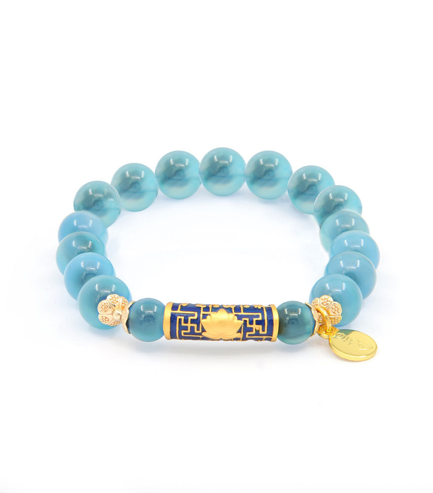 Sugar Heart Blue Agate with Lotus Mantra Charm Bracelet