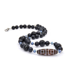 Tiger Tooth Lotus Dzi Necklace with Blue Sand Beads