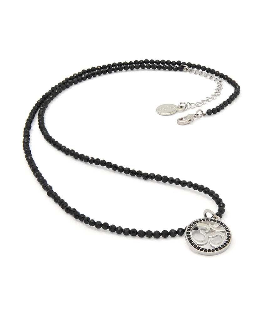 "Om" Necklace with Faceted Black Onyx Beads