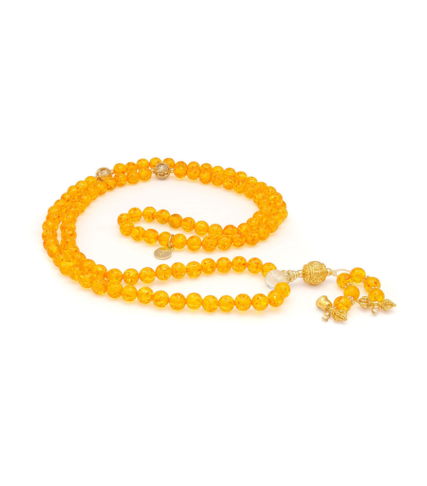 Amber Mala with Flower Ball For Wealth & Prosperity (8MM Beads) + Free Chant A Mantra Booklet