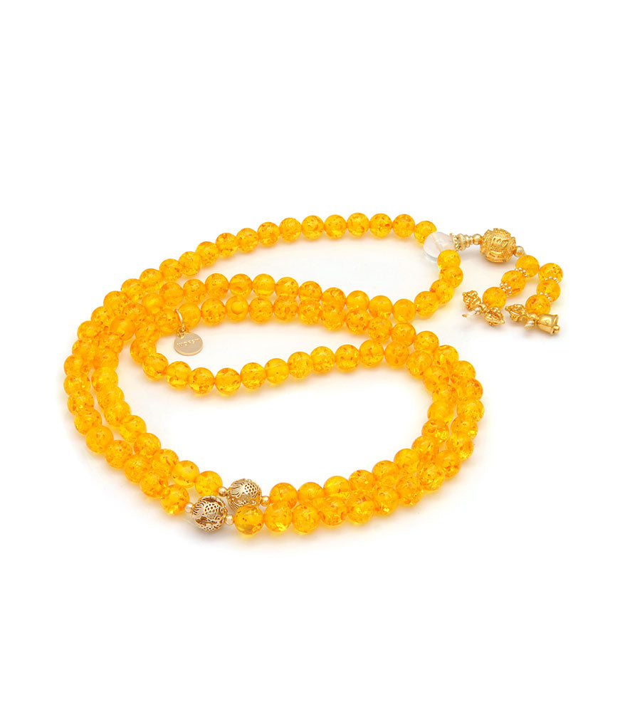 Amber Mala with Flower Ball For Wealth & Prosperity (8MM Beads) + Free Chant A Mantra Booklet