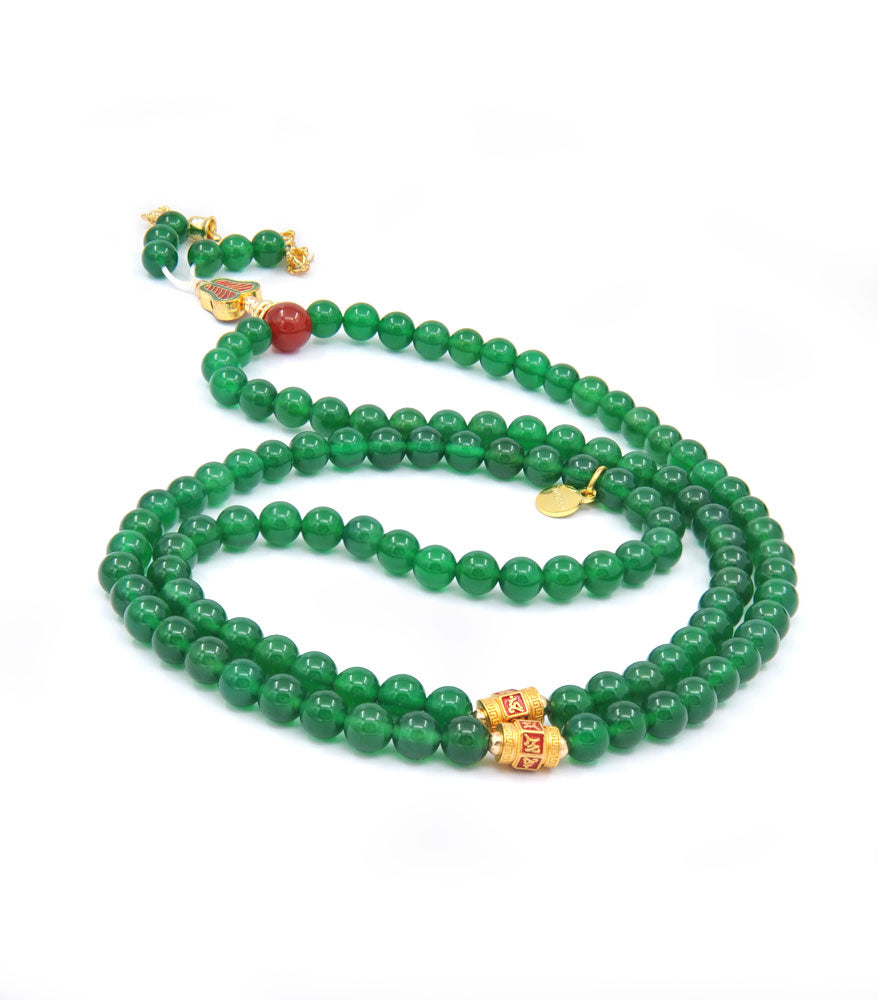Green Agate Mala with Chinese Fan, Dorje and Bell+ Free Chant A Mantra Booklet