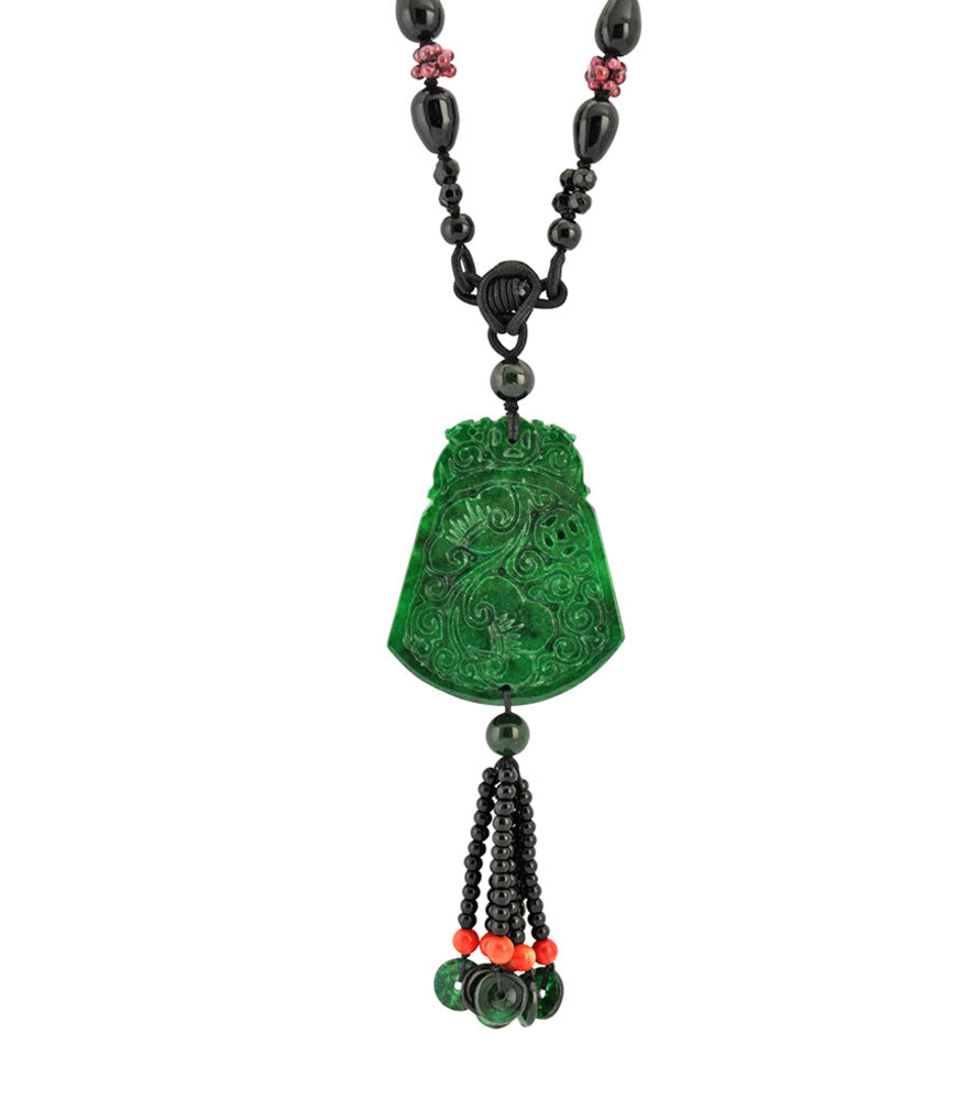 Jade Pendant with Immortal Peach Tree and Auspicious Symbols (J07)