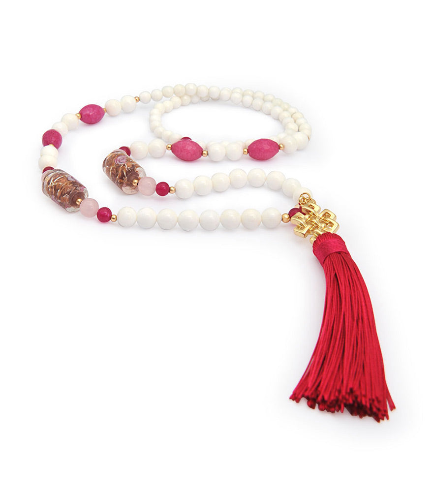 Mystic Knot Charm Necklace with White Shell and Pink Agate
