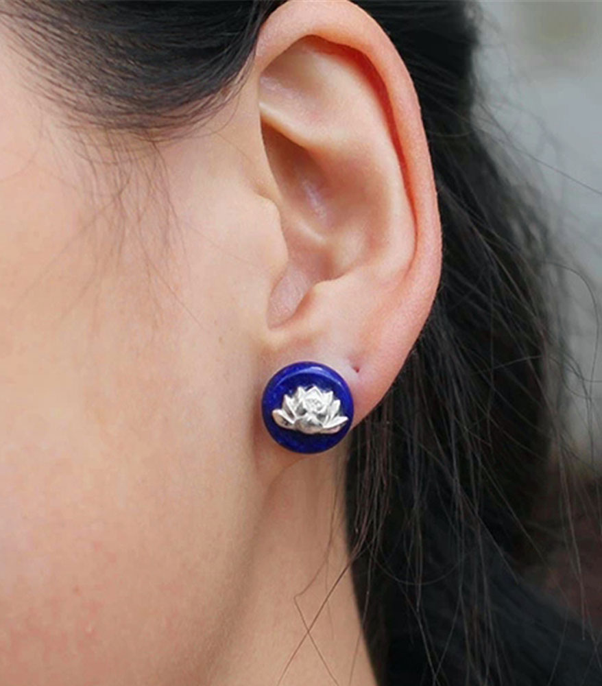 Natural Lapis Lotus Flower Earrings