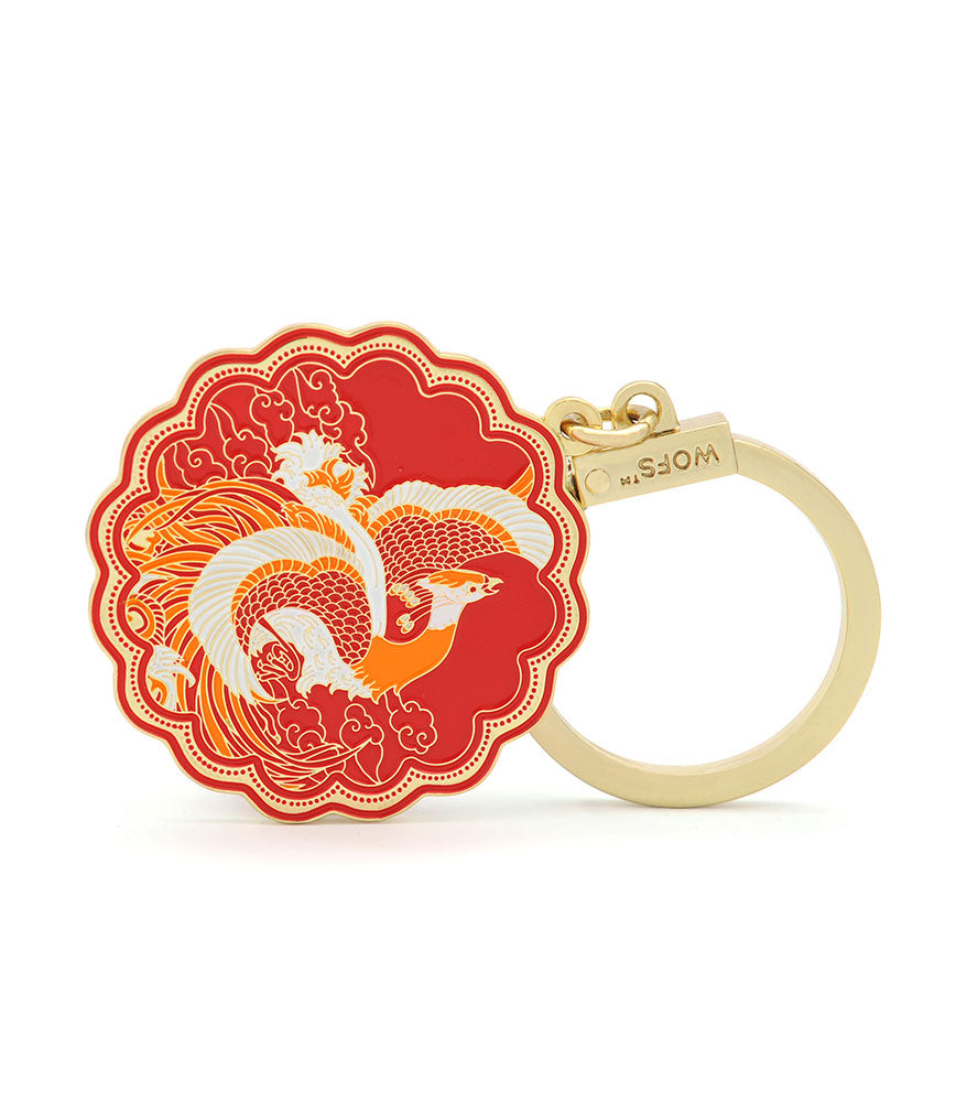 Porte-clés Feng Shui Phénix Juanxian - Symbole Chance, Rouge, 11.5x4.8cm