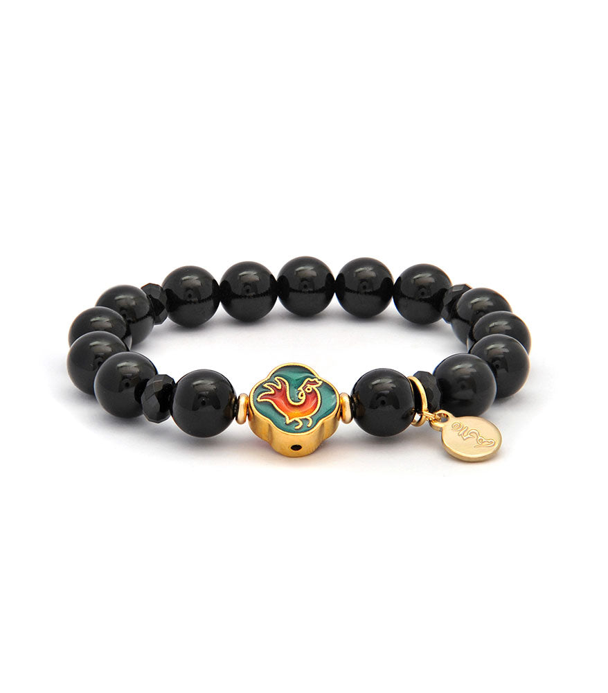Black Onyx Bracelet with Rooster
